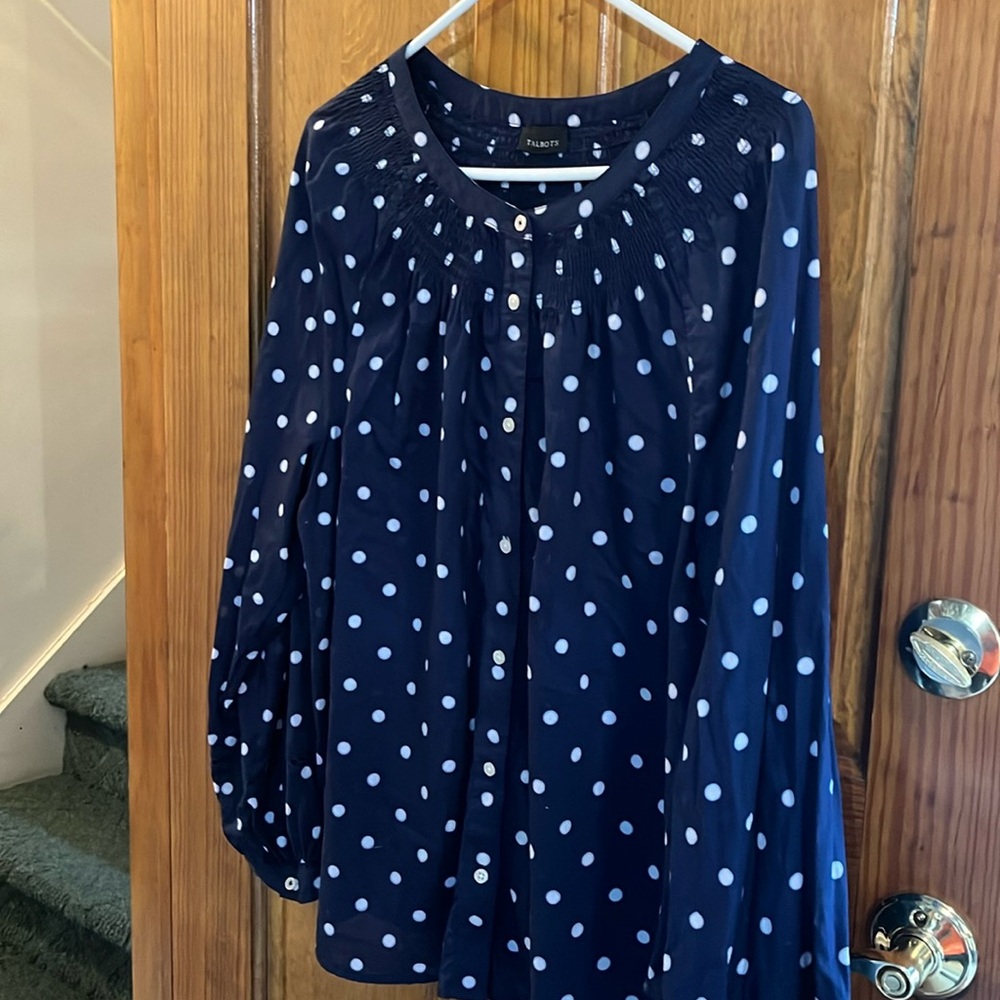 Talbots Navy Sheer Polka Dot Shirt